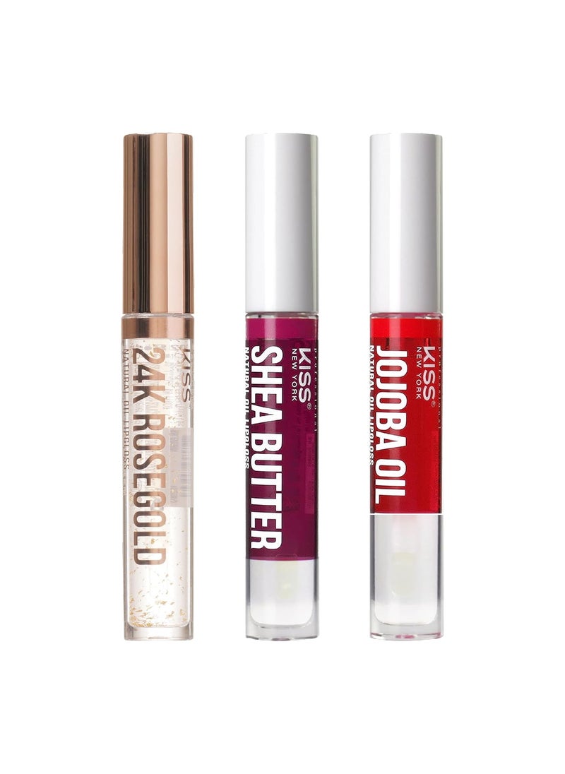 kiss new york - 3 PACK Lip Oil Gloss Hydrating NonSticky Lip Oil 100 Natural Oil Clear Lip Gloss Lightweight Lip Moisturizer Rosegold  Shea Butter  Jojoba - Image 1
