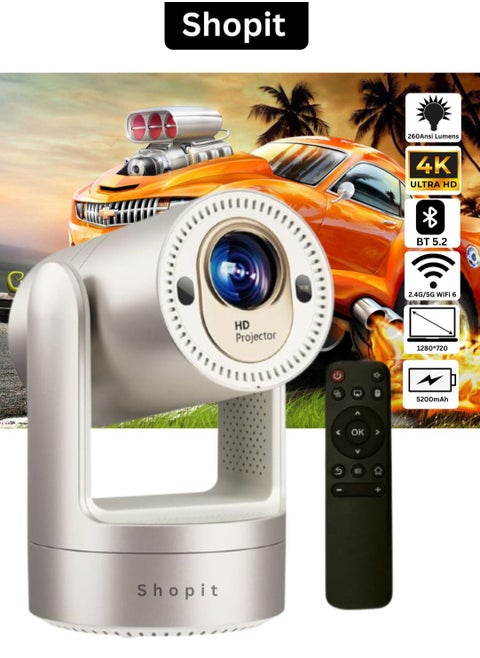 Smart Mini Rechargeable Projector, Portable 4K Supported Smart Projector Built-in Battery, WiFi Bluetooth, With Remote For Home Cinema Bedroom Outdoor Movie Projector for Phone/PC/Tablet/PS