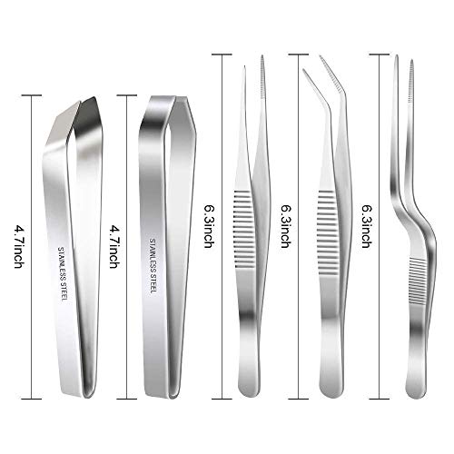 NJ Stainless Steel Tongs and Tweezers Set - 3 Pcs 6.3 Inch, 4.7 Inch Flat and Slant Fish Bone Pliers for Chef Cooking Utensils: 5 Pcs Set - Image 2