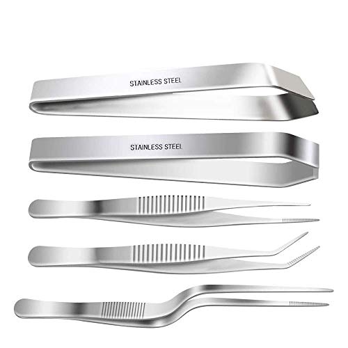 NJ Stainless Steel Tongs and Tweezers Set - 3 Pcs 6.3 Inch, 4.7 Inch Flat and Slant Fish Bone Pliers for Chef Cooking Utensils: 5 Pcs Set - Image 1