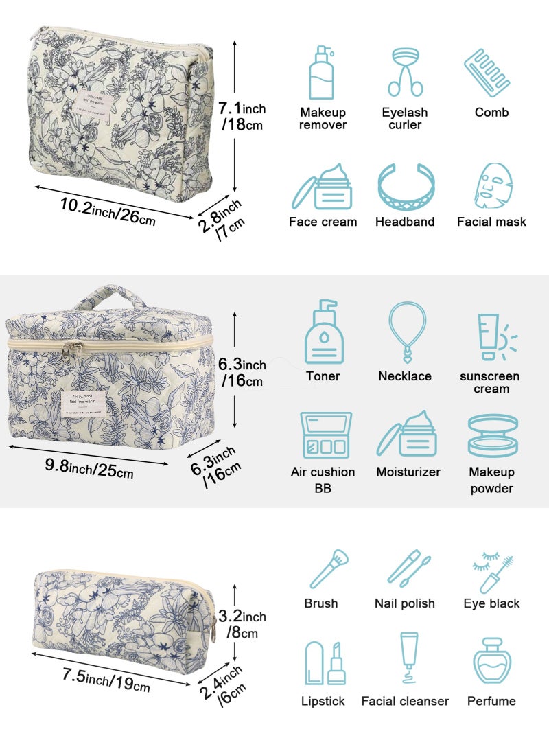 URbazaar 3 Sizes Pcs Cotton Quilted Makeup Bag Set, Travel Toiletry Personalized Cute Blue Floral Cosmetic Makeup Bag Extra Large Small Organizer Bags (Blue and White Porcelain) - Image 2