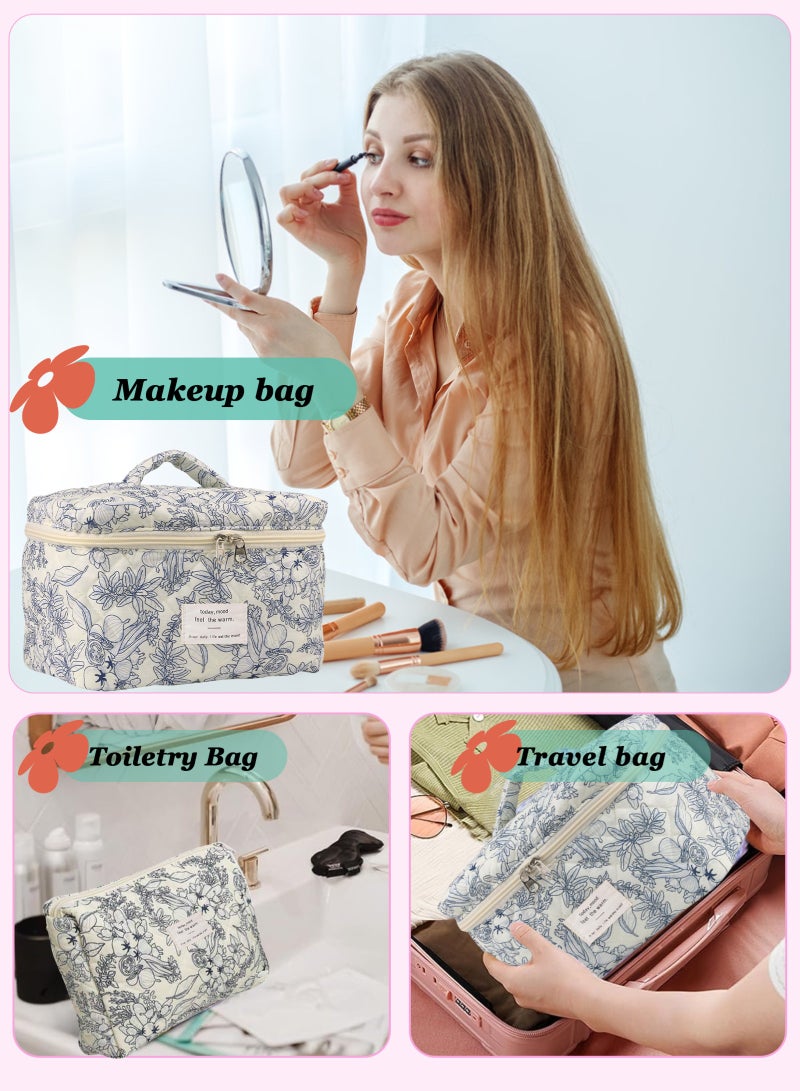 URbazaar 3 Sizes Pcs Cotton Quilted Makeup Bag Set, Travel Toiletry Personalized Cute Blue Floral Cosmetic Makeup Bag Extra Large Small Organizer Bags (Blue and White Porcelain) - Image 4