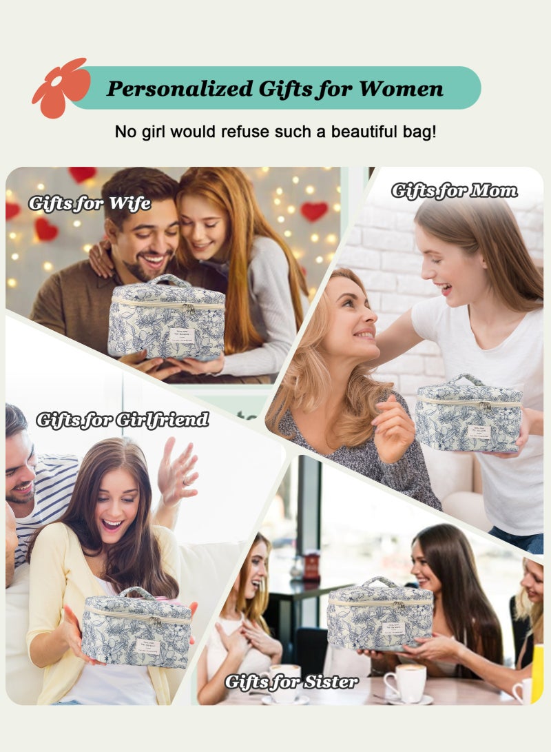 URbazaar 3 Sizes Pcs Cotton Quilted Makeup Bag Set, Travel Toiletry Personalized Cute Blue Floral Cosmetic Makeup Bag Extra Large Small Organizer Bags (Blue and White Porcelain) - Image 5