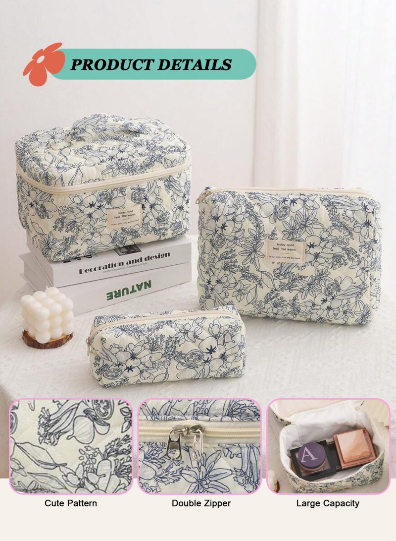 URbazaar 3 Sizes Pcs Cotton Quilted Makeup Bag Set, Travel Toiletry Personalized Cute Blue Floral Cosmetic Makeup Bag Extra Large Small Organizer Bags (Blue and White Porcelain) - Image 3