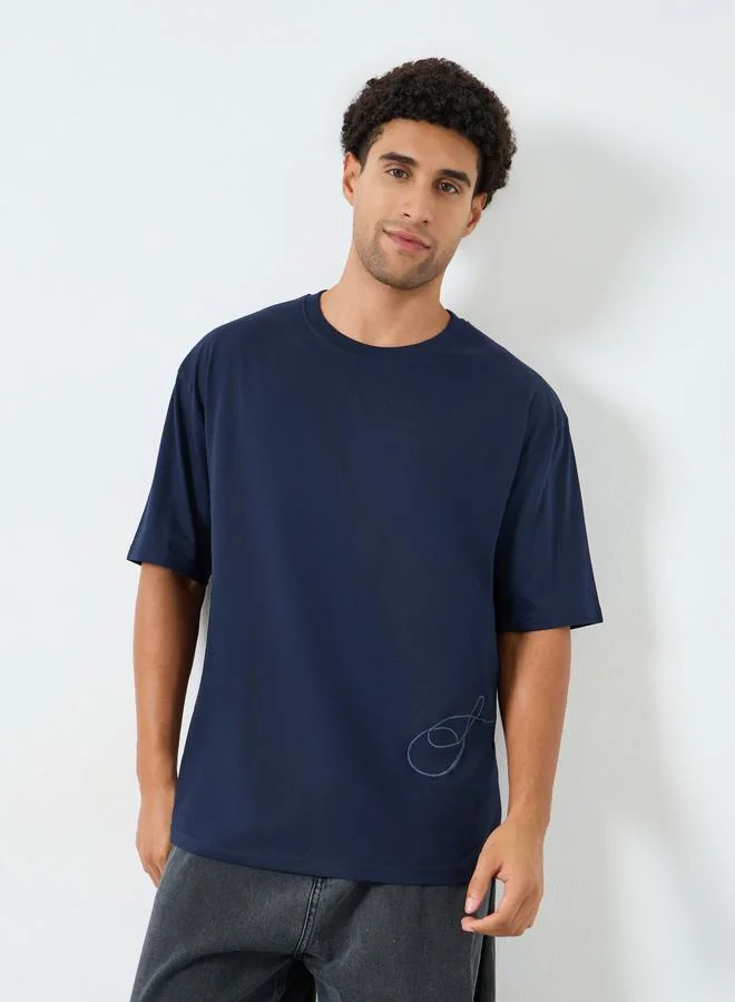 Styli Men Navy Blue Embroidered Oversized T-Shirt