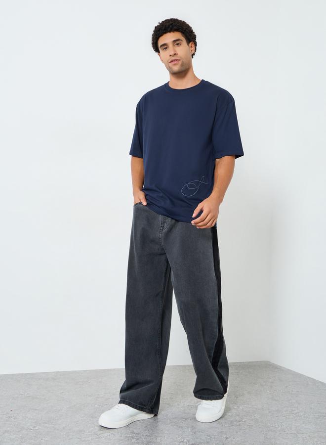 Styli Men Navy Blue Embroidered Oversized T-Shirt - Image 2