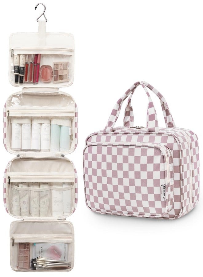 Narwey Large Hanging Toiletry Bag Travel Makeup Bag Cosmetic Organizer for Women and Girls, Z-dusty Rose Checkerboard, Large, Large - Image 4