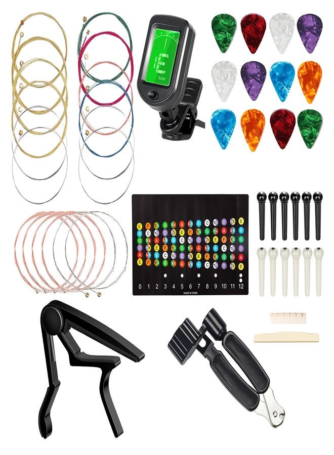 JINWEE Guitar Accessories Kit Including acoustic Guitar Strings, tuner, guitar capo, 3-in-1 restring tool, guitar picks, bridge pins, guitar nuts saddles, finger picks and Fretboard Stickers(48 Pcs) - Image 1