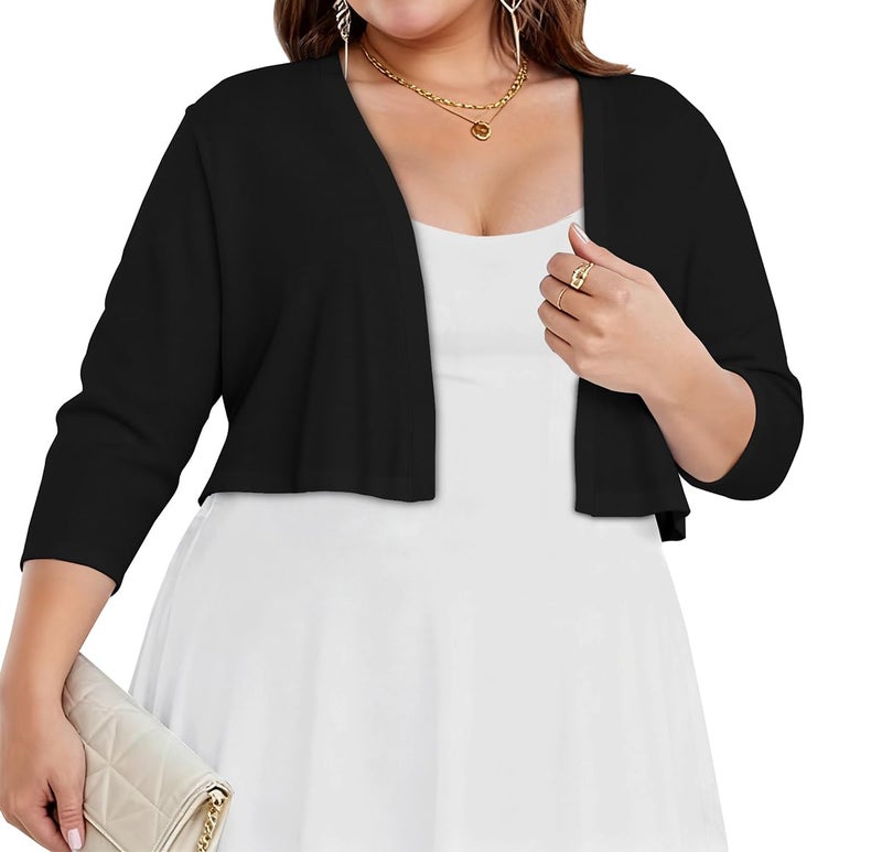 JOELLYUS Plus Size Shrugs for Women 3/4 Sleeve Cropped Cardigan Knit Sweaters Open Front Bolero (Black,3XL) - Image 1