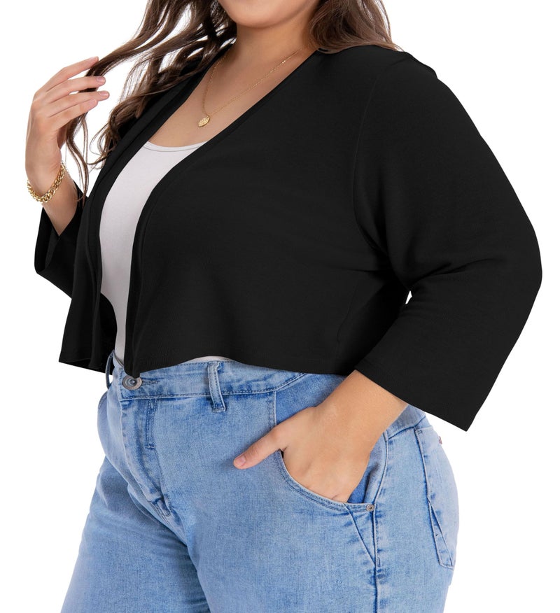 JOELLYUS Plus Size Shrugs for Women 3/4 Sleeve Cropped Cardigan Knit Sweaters Open Front Bolero (Black,3XL) - Image 2