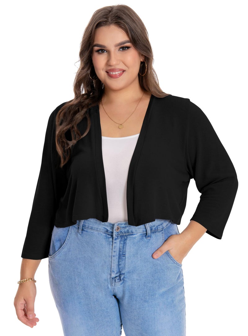 JOELLYUS Plus Size Shrugs for Women 3/4 Sleeve Cropped Cardigan Knit Sweaters Open Front Bolero (Black,3XL) - Image 4