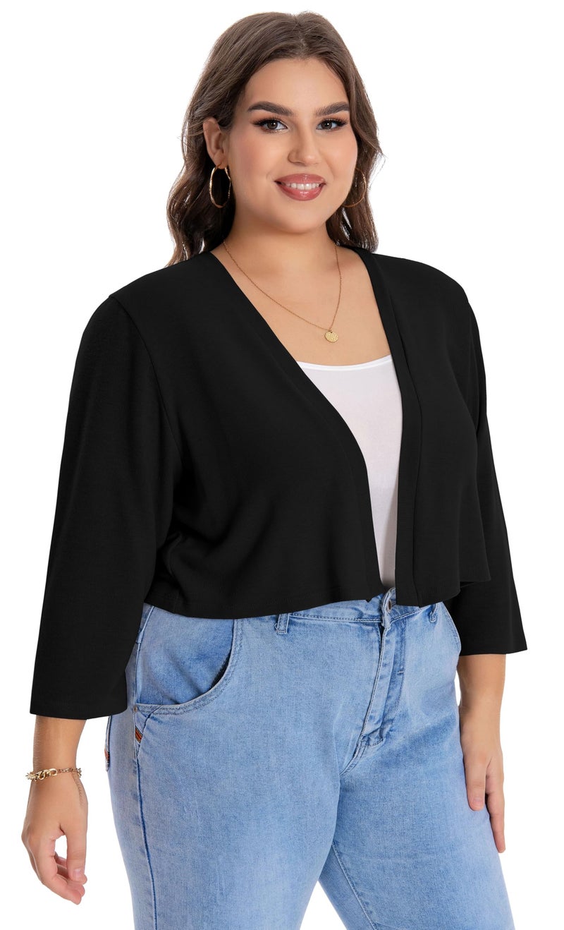 JOELLYUS Plus Size Shrugs for Women 3/4 Sleeve Cropped Cardigan Knit Sweaters Open Front Bolero (Black,3XL) - Image 5