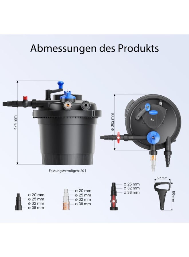 سان سان فلتر SunSun CPF-5000 لبرك الضغط UVC 11W | فلتر جودة مياه البرك بنظام الضغط الحيوي | معدات معالجة مياه أحواض السمك الدائرية لتنظيف البرك (أسود) - Image 2