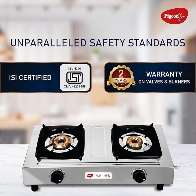 Pigeon By Stovekraft Aspire Stainless Steel Gas Stove 2 Burner I Manual Ignition I High Powered Brass Burner I ISI Certified I 2 Year Warranty - Image 5
