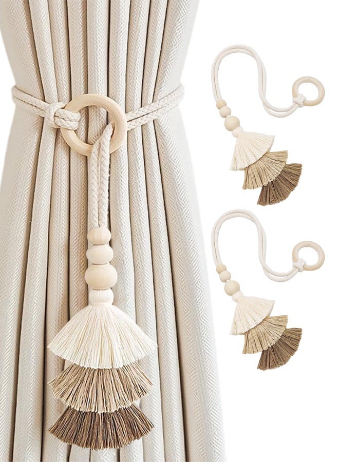 2PCS Wooden Bead Curtain Tiebacks,Bohemian Curtain Clasp,Tassel Curtain Clasp, Curtain Tiebacks No Hole Punching Decorative for Bedroom Window Treatment - Image 1