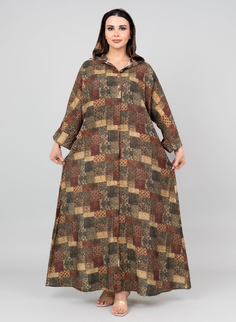 اكسا جلابية بغطاء رأس مطبوعة بنقوش خضراء - Image 1