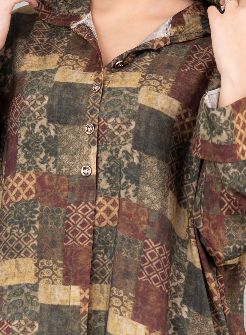 اكسا جلابية بغطاء رأس مطبوعة بنقوش خضراء - Image 2