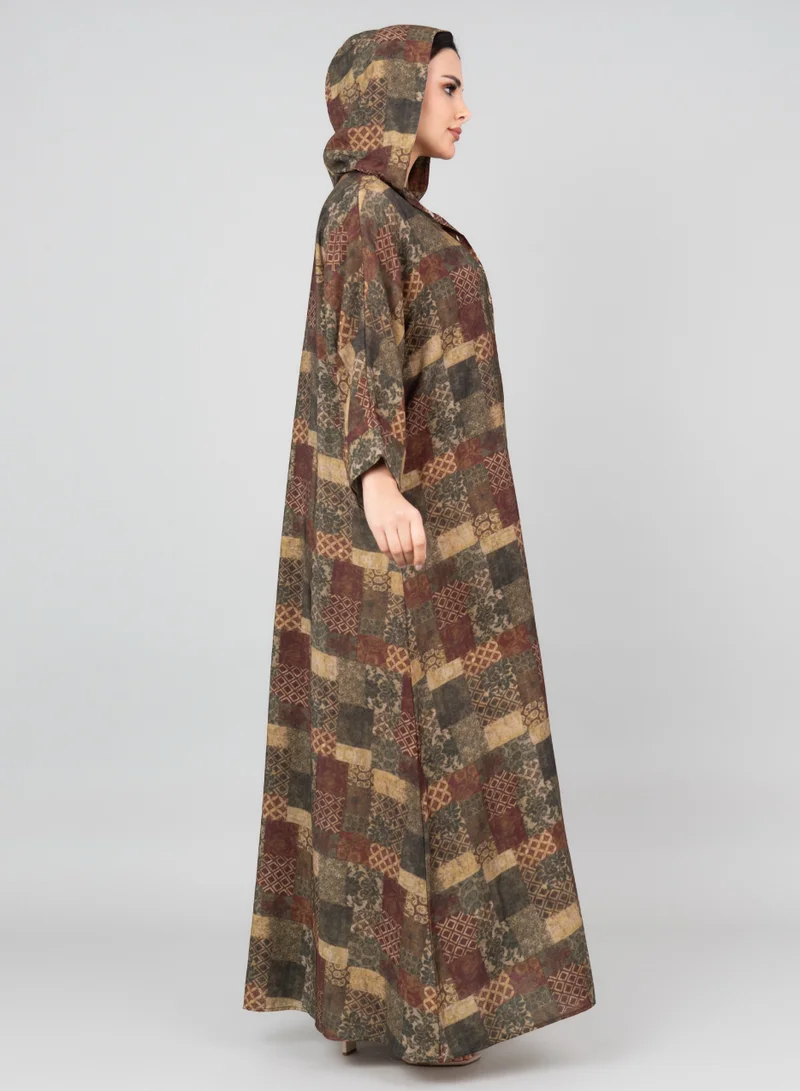 IKKXA Pattern Printed Hooded Jalabiya IK1020 Green