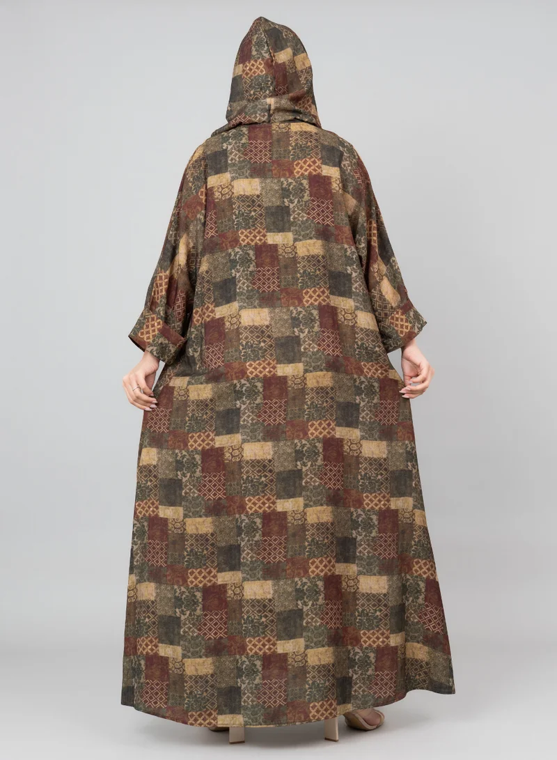 IKKXA Pattern Printed Hooded Jalabiya IK1020 Green