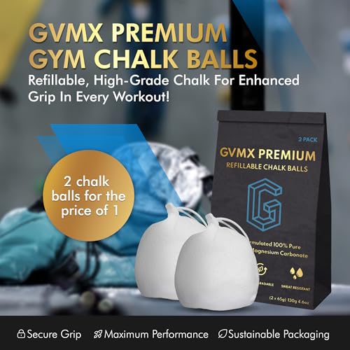 GVMX 130g (2 x 65g) Premium Chalk Balls. Pro-Grade Gym Chalk in Refillable Sock. Eco Friendly Packaging. Grip Enhancing Gym Accessory for Weightlifting, Rock Climbing, Gymnastics & More. Package May Vary. - Image 2