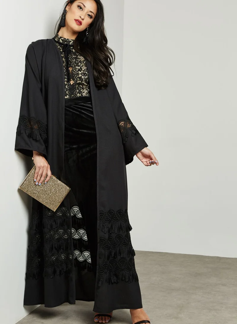 hayas closet Mesh Insert Fringed Detail Abaya