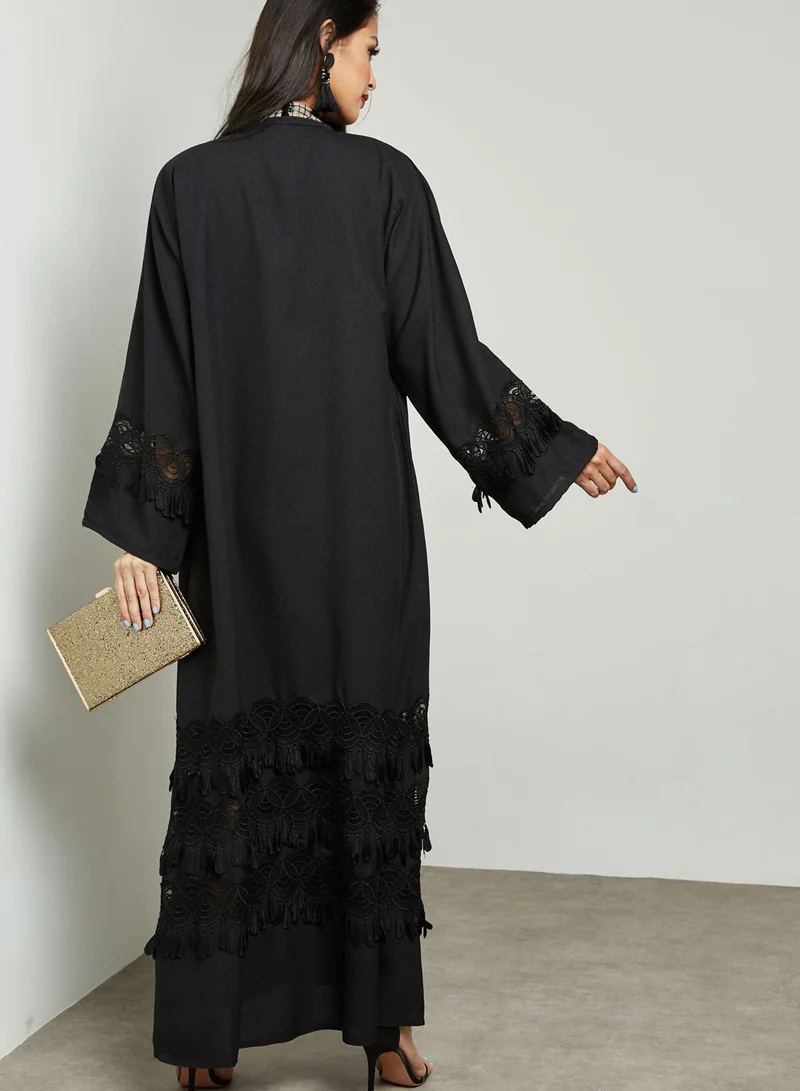 hayas closet Mesh Insert Fringed Detail Abaya