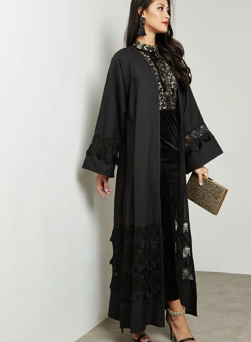 hayas closet Mesh Insert Fringed Detail Abaya
