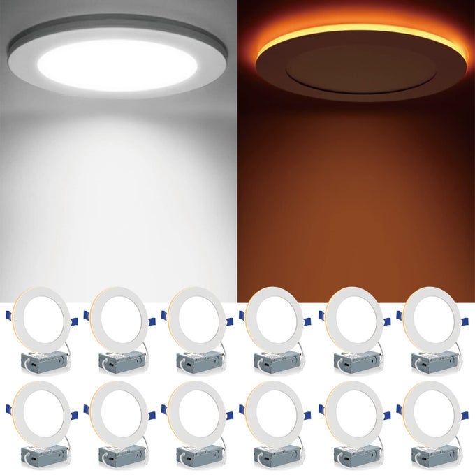 12 PACK 6 INCH 5CCT LED CANLESS RECESSED LIGHTING WITH NIGHT LIGHT 2700K3000K3500K4000K5000K SELECTABLE ULTRATHIN LED CEILING LIGHTS 12W110W 1050LM DIMMABLE WAFER DOWNLIGHT ETLFCC