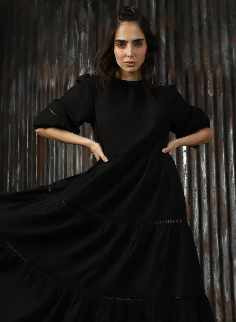 HIGH STAR Women's Black Poplin Solid Midi A-Line Dress
