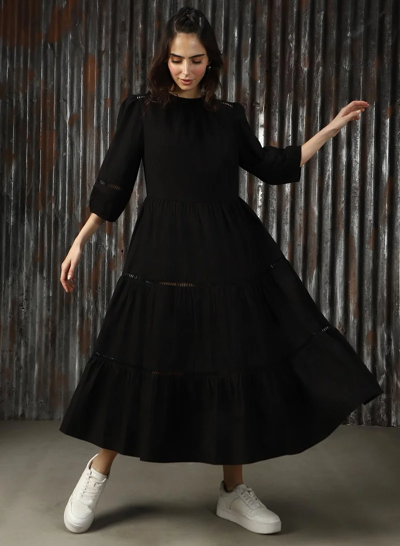 HIGH STAR Women's Black Poplin Solid Midi A-Line Dress