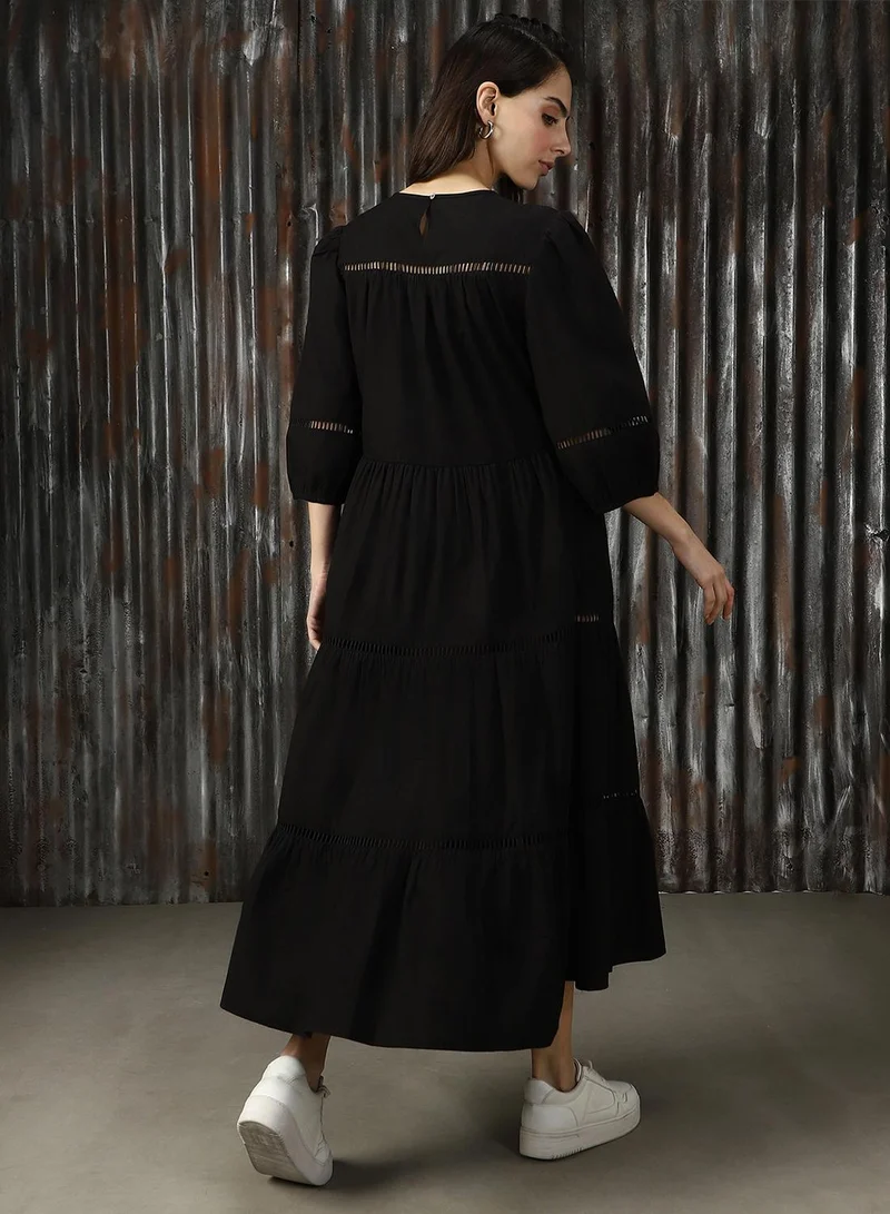 HIGH STAR Women's Black Poplin Solid Midi A-Line Dress
