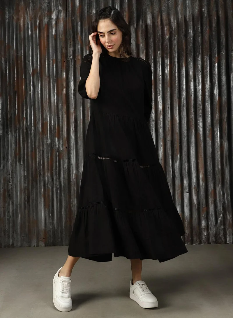 HIGH STAR Women's Black Poplin Solid Midi A-Line Dress