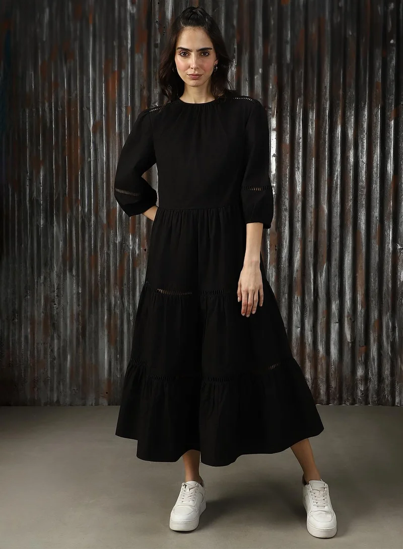 HIGH STAR Women's Black Poplin Solid Midi A-Line Dress