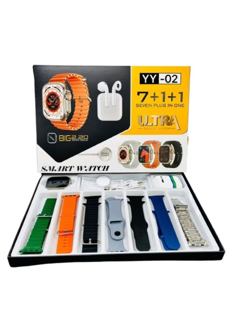 BIG Smart Watch Ultra 7+1+1 with Earphones 8 Straps Full Touch Color Screen Bluetooth Calling Health and Sports Smartwatch Multicolor - Image 4