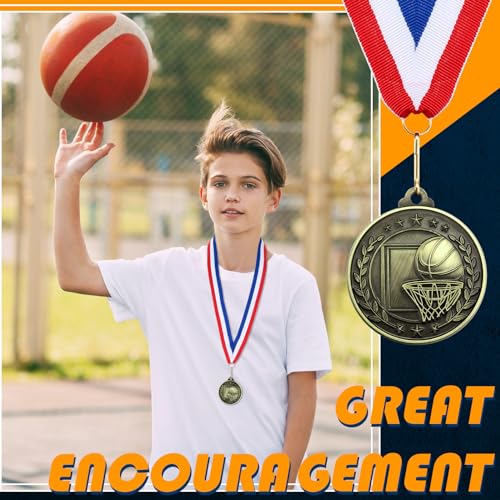Misdary 12 Pack Medals with Neck Ribbons Team Participation Trophies for Kids Sports Awards Party Favors for Sports Competitions Celebration Gift(Bronze,Basketball) - Image 3