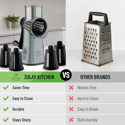 Zulay Kitchen Rotary Cheese Grater 5 Blade Cheese Shredder Manual Hand Crank Cheese Grater With Reinforced Suction 5 Interchangeable Drums Easy to Use Vegetable Chopper Round Mandoline Slicer - Image 3