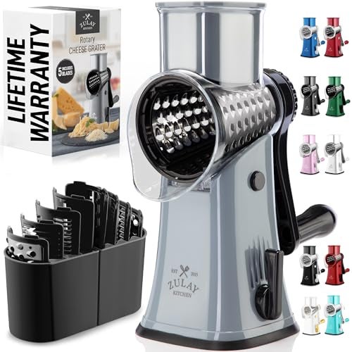 Zulay Kitchen Rotary Cheese Grater 5 Blade Cheese Shredder Manual Hand Crank Cheese Grater With Reinforced Suction 5 Interchangeable Drums Easy to Use Vegetable Chopper Round Mandoline Slicer - Image 1