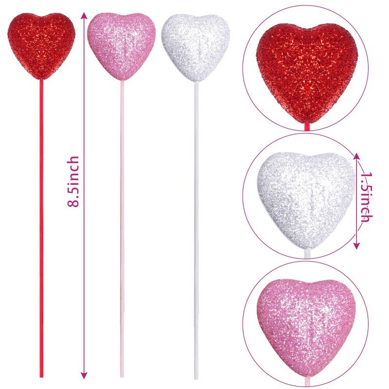 mifengda 36pcs Valentine Heart Picks Glitter Foam Hearts Picks Valentines Day Decorations Hearts Picks for Valentine Wedding Arrangements Party Crafts Decorations (Red Pink Red) - Image 2