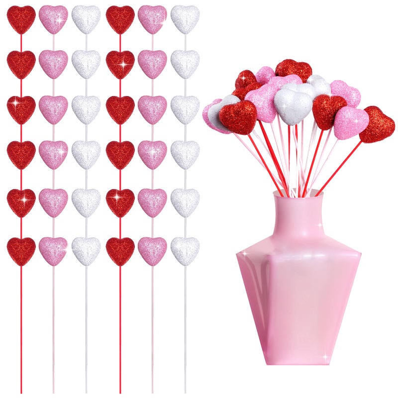mifengda 36pcs Valentine Heart Picks Glitter Foam Hearts Picks Valentines Day Decorations Hearts Picks for Valentine Wedding Arrangements Party Crafts Decorations (Red Pink Red) - Image 1