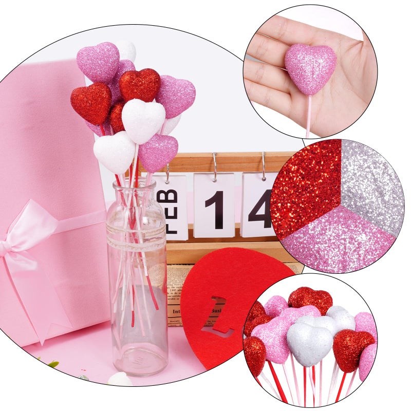 mifengda 36pcs Valentine Heart Picks Glitter Foam Hearts Picks Valentines Day Decorations Hearts Picks for Valentine Wedding Arrangements Party Crafts Decorations (Red Pink Red) - Image 3