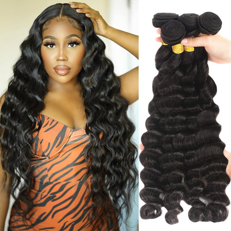 Borchan 4 Bundles Human Hair Brazilian Loose Deep Wave Bundles 100 Unprocessed Virgin Loose Wave Human Hair for Black Women 14 16 18 20 Inch Hair Extensions Natural Color