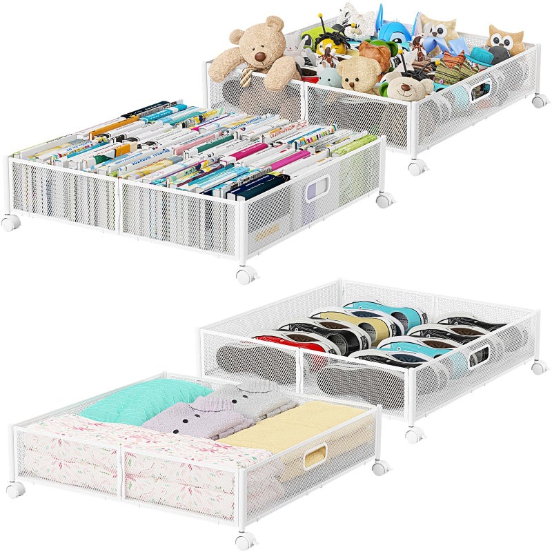 Under Bed Storage Under the Bed Storage Containers with Wheels Under Bed Shoe Storage Organizer Drawer Toolfree Assembly Metal Underbed Storage Containers for Bedroom Clothes Shoes Blankets 4PCK
