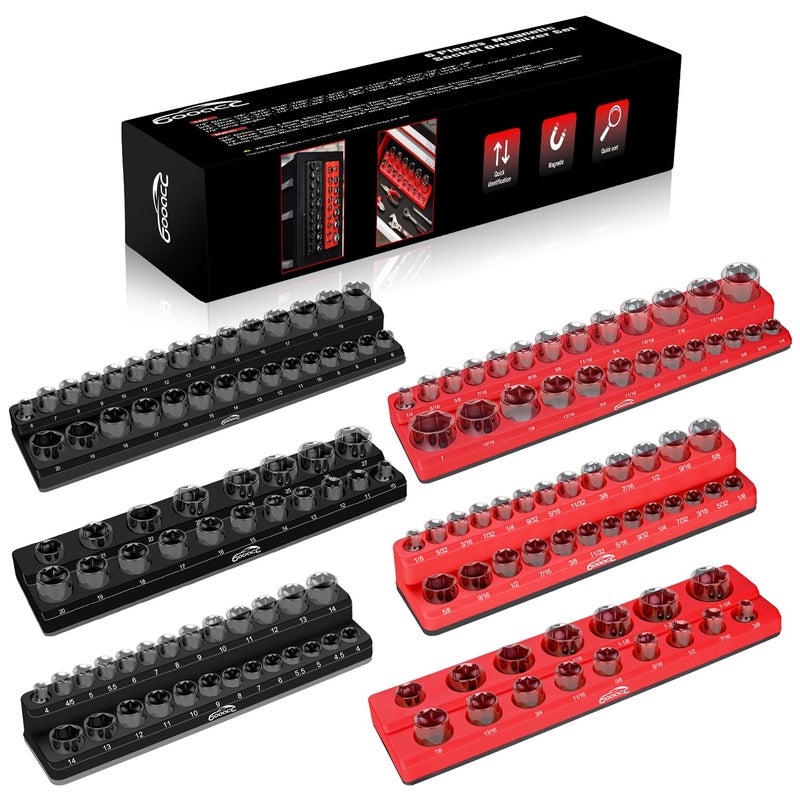 GOOACC Magnetic Socket Organizer Set 6 Pieces Magnetic Socket Holder 12 14 38 Drive Metric  SAE Socket Tool Set Socket Organizer Tray for Tool Box Drawer Holds 143 Standard Sockets