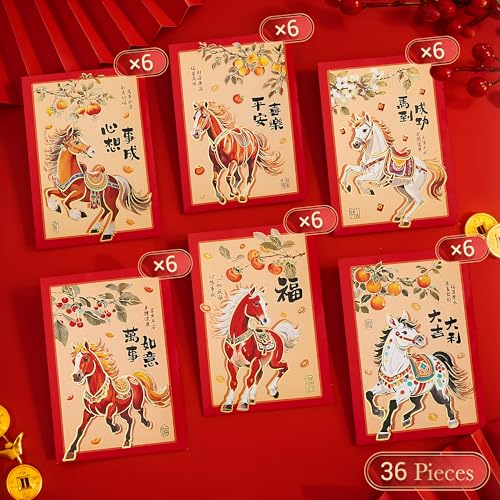 ThxToms 36pcs Red Envelopes Chinese New Year,Red Chinese Envelopes for Money 2026 Horse Lunar New Year Lucky Gift Money Hong Bao, 6 Designs, Realistic Horse, M - Image 5