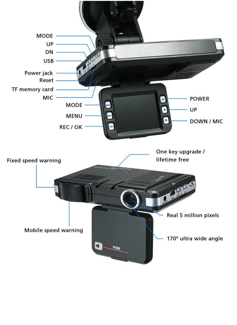 2 in 1 Anti Radar Detector Car DVR 720P Dash Cam Radar Speed Detector with Full Band Mute Button Loop Recording G-Sensor
