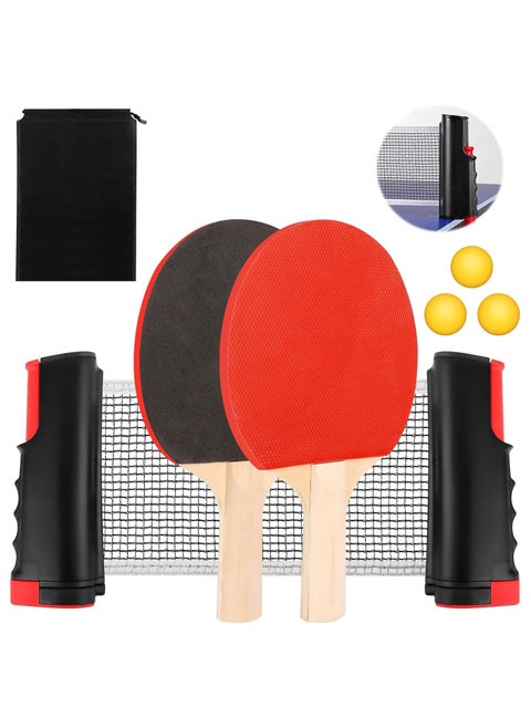 Professional Table Tennis Set – 2 High-Quality Bats, Retractable Net & 3 Ping Pong Balls, Complete Paddle Set for Kids & Adults