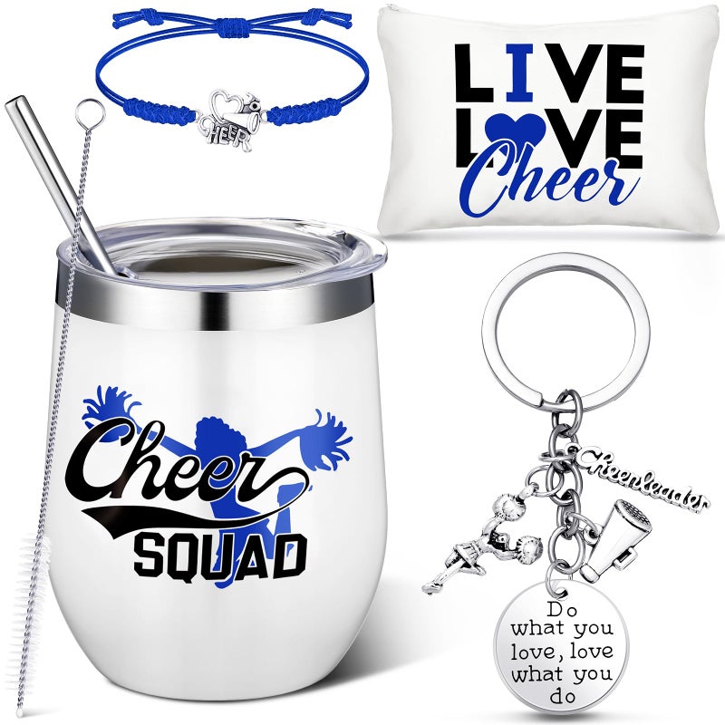 Irenare 4 Pcs Cheerleader Gifts Set 12 oz Cheer Tumbler Makeup Bag Cheerleading Bracelet Cheer Keychain for Cheer Accessories (Blue) - Image 1