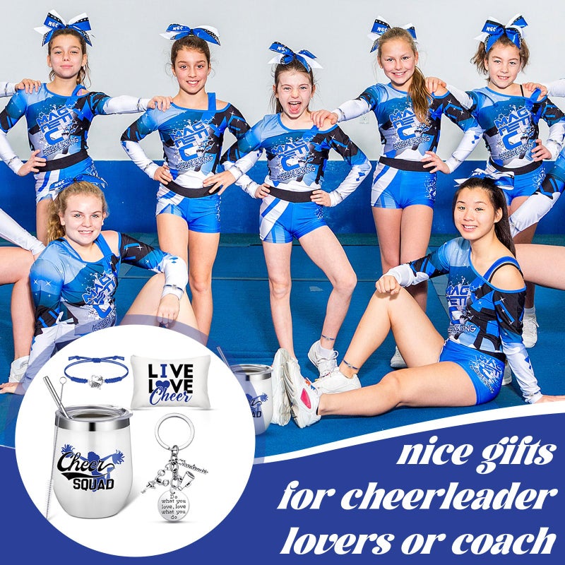 Irenare 4 Pcs Cheerleader Gifts Set 12 oz Cheer Tumbler Makeup Bag Cheerleading Bracelet Cheer Keychain for Cheer Accessories (Blue) - Image 5
