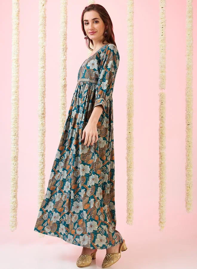 globus Globus Green Foil Floral Print Fusion Maxi Dress