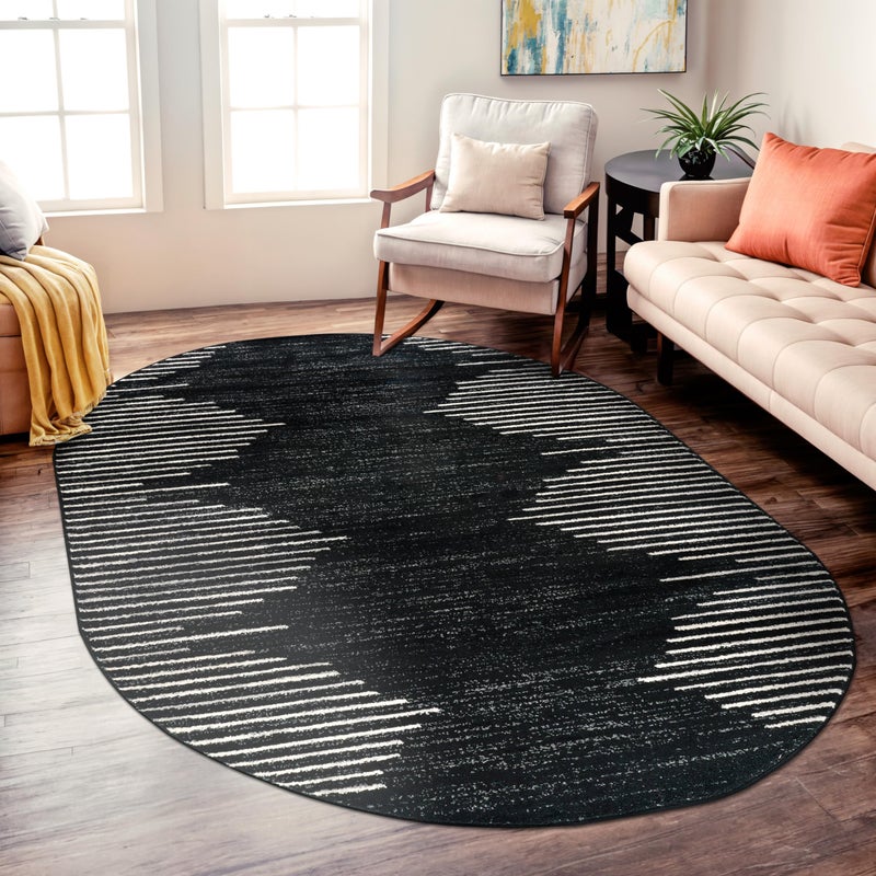 Rugshop Bohemian Stripe Stain Resistant High Traffic Living Room Kitchen Bedroom Dining Home Office Oval Area Rug 5' x 7' Black - Image 1